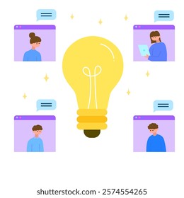 remote brainstorming and idea sharing with team video conference and lightbulb concept flat vector illustration
