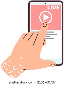 Remote broadcast application for smartphone. Person using internet program, podcast listening app. Website for blogging, streaming online. Hand pushing video recording live broadcast player button