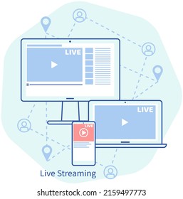 Remote broadcast program for computer. Internet video live communication with followers and subscribers. Website for blogging, streaming online. Video recording live broadcast, stream, vlog on screen