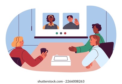 Remote business communication, meeting. International team at table in office during video conference, chatting with distant colleagues. Flat graphic vector illustration isolated on white background