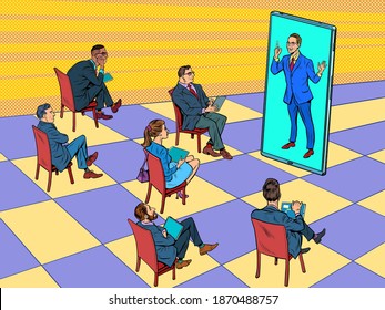 Remote business meeting or a presentation, lecture, training through the screen. Pop art retro illustration kitsch vintage 50s 60s style
