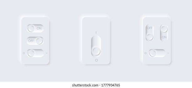 Remote with buttons on off, minimal neomorphism style. Editable template with vertical and horizontal arrangement of switches. For the mobile site application. Realistic interface white background. 3d