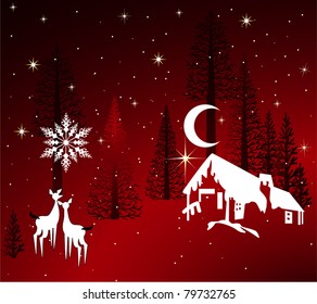 Remote cabin with trees and deer - peaceful winter scene