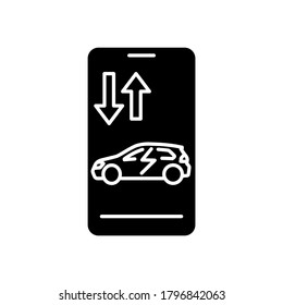 Remote car access black glyph icon. Modern NFC technologies, online automobile purchasing app silhouette symbol on white space. Electric vehicle on smartphone display vector isolated illustration