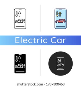 Remote car access icon. Linear black and RGB color styles. Modern NFC technologies, online automobile purchasing app. Electric vehicle on smartphone display isolated vector illustrations