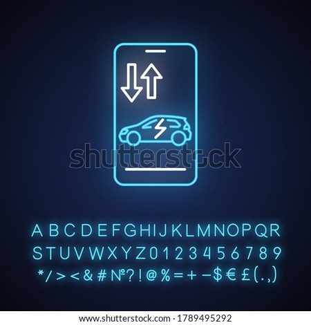 Remote car access neon light icon. Outer glowing effect. Modern NFC technologies sign with alphabet, numbers and symbols. Electric vehicle on smartphone display vector isolated RGB color illustration