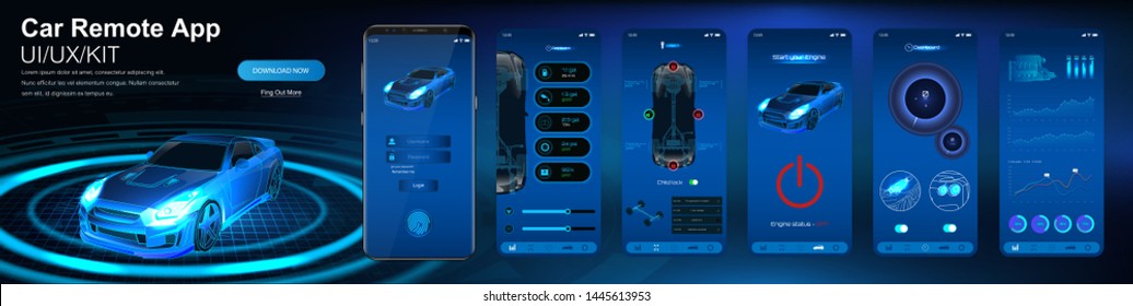 Remote car control app. Smart car security system UI,UX,KIT. Remote monitoring and control of the car, indicators of sensors and data online. Mobile application auto (Dashboard, lock, run, data)