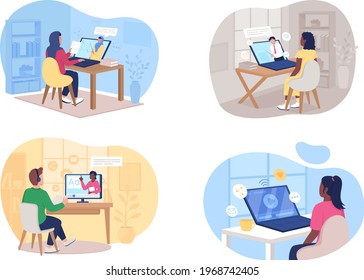 Remote class 2D vector web banner, poster set. Man and woman watching online tutorial flat characters on cartoon background. Elearning printable patch, colorful web element collection