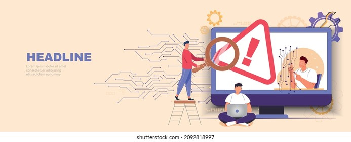 Remote client support helpline. Tiny people help customers online, employees fix issues, system administrator setup software, equipment. Operating system error warning flat vector illustration.