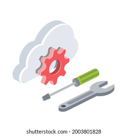 Remote Cloud Service, Customization Repair Tools, Cog Gears. Vector 3d Symbol, Isometric, Color Web Icons, New Flat Style. Creative Design Idea, Concept For Infographics.