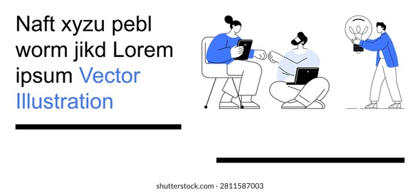 Remote collaboration, creative brainstorming, innovation, teamwork, digital communication, professional consulting. Workers interacting with tablets and laptops, sharing ideas. Collaboration
