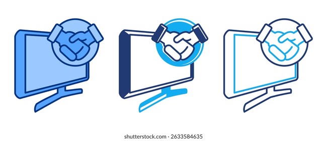 Remote Collaboration icon represented by computer, handshake Blue, Dualline, Dualtone style.