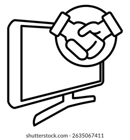 Icono de colaboración remota representado por el ordenador, estilo de línea de apretón de manos.