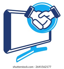 Remote Collaboration icon represented by computer, handshake Dualtone style.