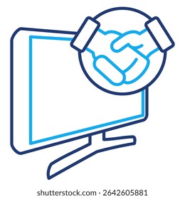 Icono de colaboración remota representado por el ordenador, apretón de manos estilo de línea dual.