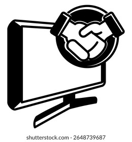 Icono de colaboración remota representado por el ordenador, apretón de manos estilo relleno negro.