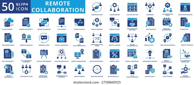 remote collaboration icon set illustration contains shared documents, instant messaging, version control, data security, time zone difference, cross-functional teams, multitasking, whiteboard