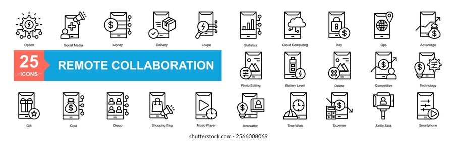 Remote Collaboration Icon Sheet Option, Technology, Social Media, Money, Delivery, Loupe, Statistics, Cloud Computing, Key, Gps, Advantage, Competitive, Gift, Cost, Group, Shopping Bag, Music Player