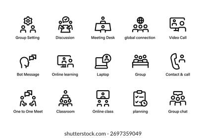 Iconos de colaboración remota. Ilustraciones de línea plana para educación en línea, reuniones virtuales y comunicación en equipo.