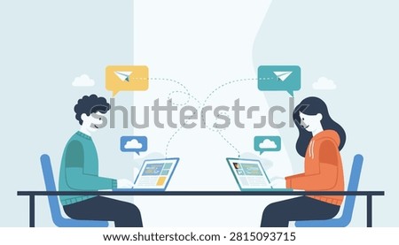 Remote colleagues exchanging files and digital messages represented by paper airplanes flying between their open laptops.