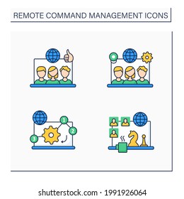 Remote Command Management Color Icons Set. Remote Working Culture, Team Tools, Manage Priorities, Team Building Games. Digitalization Concept. Isolated Vector Illustration