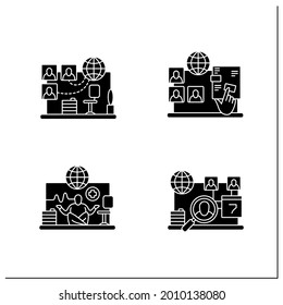 Conjunto de iconos de glifo de administración de comandos remota. Oficina virtual, documentos interactivos, condiciones de trabajo, registros diarios. Concepto de digitalización.Señales planas rellenas. Ilustraciones vectoriales aisladas de siluetas