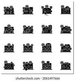 Remote command management glyph icons set. Online work. Video chat. Virtual office. Digitalization concept. Filled flat signs. Isolated silhouette vector illustrations