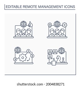 Remote Command Management Line Icons Set. Remote Working Culture, Team Tools, Manage Priorities, Team Building Games. Digitalization Concept. Isolated Vector Illustration. Editable Stroke