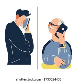 Remote communication concept. Сall to aged parents or elderly grandparents. Family love, relationship, support, communication on distance.  Color vector illustration in modern flat style.