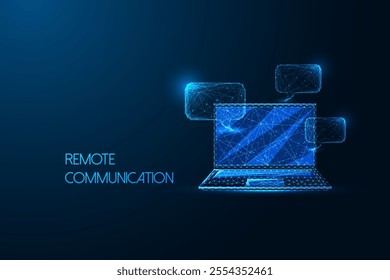 Remote communication concept with glowing digital laptop and speech bubbles on dark blue background. Online collaboration, connection visualization. Glowing low polygonal abstract vector illustration.