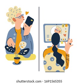 Remote communication concept. Online video call to aged parents or elderly grandparents. Family love, relationship, support, communication on distance.  Color vector illustration in modern flat style.