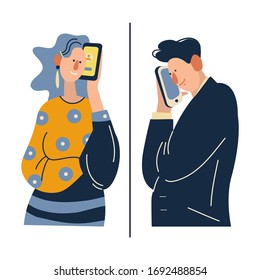 Remote communication concept. People talking on mobile phone.  Family love, relationship, support, communication on distance. Color vector illustration in modern flat style.