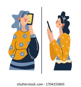 Fernkommunikationskonzept. Leute, die auf dem Handy sprechen. Familienliebe, Beziehung, Unterstützung, Kommunikation über Distanz. Farbige Vektorillustration im modernen Flachstil.