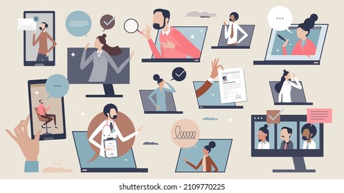 Remote communication with distant live videocall tiny person collection set. Chat messages, talking, conversation or virtual meeting items with mini scenes vector illustration. Web call using tech.