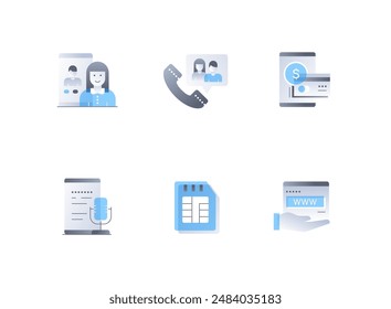 Remote communication and gadgets - flat design style icons set. High quality colorful images of remote video call, talk on the phone, bank card, podcast and microphone, microchip and internet search
