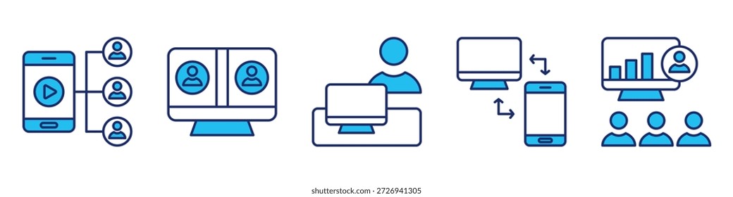 Video Conjunto de iconos de comunicación remota. para reunión en línea. conjunto de iconos contiene conferencia, reunión virtual, trabajador remoto, acceso remoto, presentación en línea. ilustración azul de Vector simple.