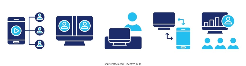 Video Conjunto de iconos de comunicación remota. para reunión en línea. conjunto de iconos contiene conferencia, reunión virtual, trabajador remoto, acceso remoto, presentación en línea. Glifo de Vector simple Ilustración de duotono.