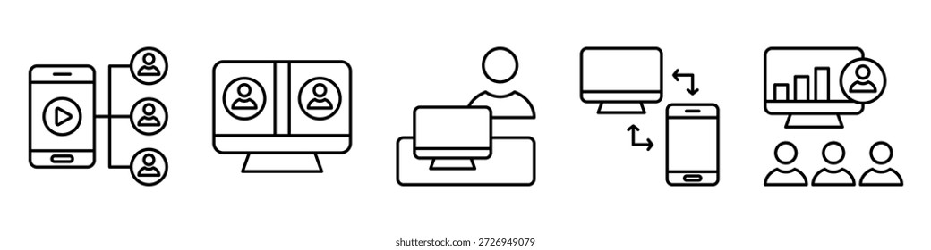 Video Conjunto de iconos de comunicación remota. para reunión en línea. conjunto de iconos contiene conferencia, reunión virtual, trabajador remoto, acceso remoto, presentación en línea. ilustración de línea de Vector simple.