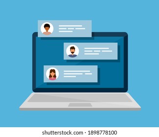 Remote Communication. Internet Forum. Chat Messages On Laptop. Vector Isolated Illustration.