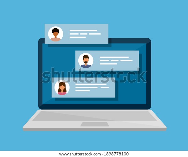 Remote communication. Internet\
forum. Chat messages on laptop. Vector isolated\
illustration.