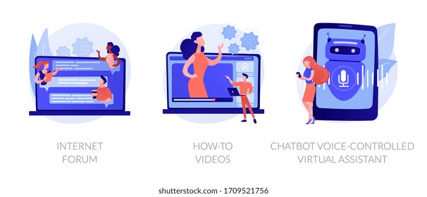 Comunicación remota, medios de vida hackeados, ayuda en línea automatizada. Foro de Internet, videos de cómo, metáforas de asistentes virtuales controladas por voz. Ilustraciones de metáforas conceptuales aisladas por vectores.