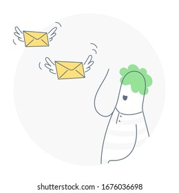 Remote communication, sending emails or sms. Flying letters envelopes with wings. Cute cartoon man waving them goodbye. Flat line vector illustration on white.
