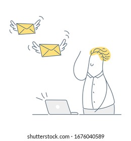 Remote communication, sending emails or sms. Flying letters envelopes with wings. Cute cartoon businessman waving them goodbye or trying to catch them. Flat line vector illustration on white.