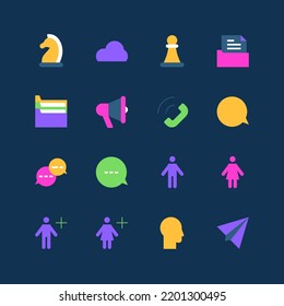Remote communication - set of flat design style neon icons, isolated on dark background. Images of messenger, chess, cloud storage, files and folders, office data, megaphone, call and connection