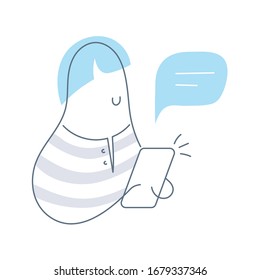 Remote communication via mobile phone. Chatting, networking, online conversation. Cartoon man holding a smartphone, chat bubble above his head. Flat line vector illustration on white.