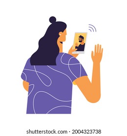 Remote communication via video call. Online meeting. Distant business, dating or education. Woman is talking on the phone. Vector illustration, flat style, isolated