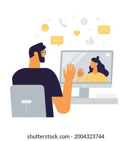 Remote communication via video call. Online meeting. Distant business, dating or education. Girl and guy waving to each other. Social line icons. Vector illustration, flat style, isolated