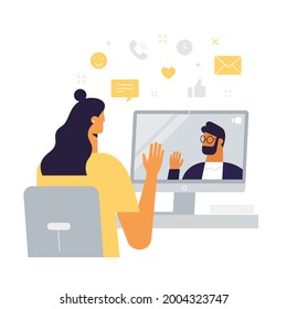 Remote communication via video call. Online meeting. Distant business, dating or education. Girl and guy waving to each other. Social line icons.  Vector illustration, flat style, isolated