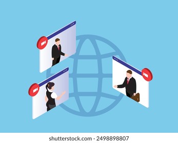 Remote communication with web connection or video call 3d isometric vector illustration