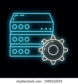 Remote computer server data cloud icon glow neon style, protect database storage technology outline flat vector illustration, isolated on white. Concept web tool security backup exchange information.